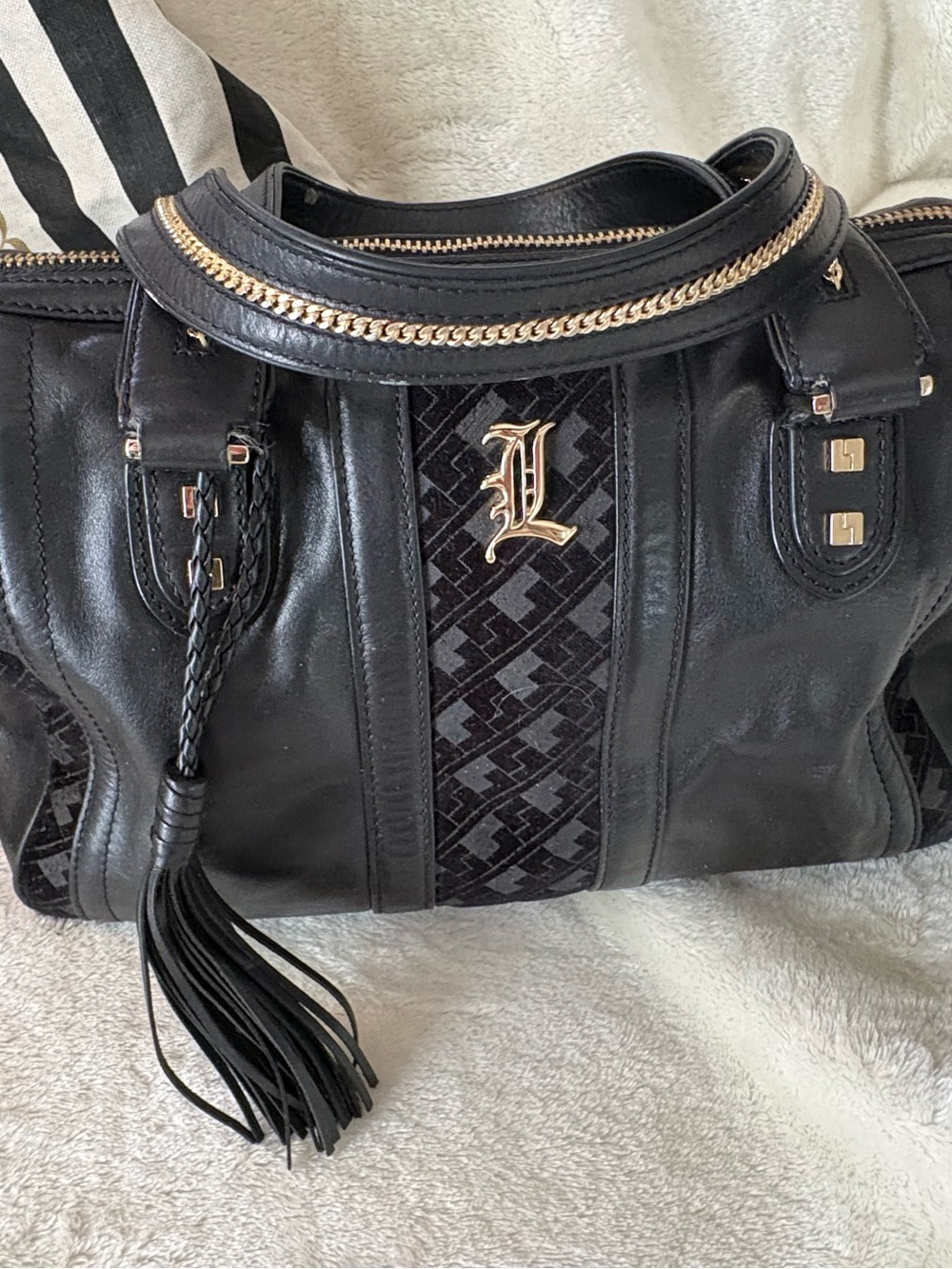 L.A.M.B. Black Leather Satchel with Gold Hardware and Braided Tassel